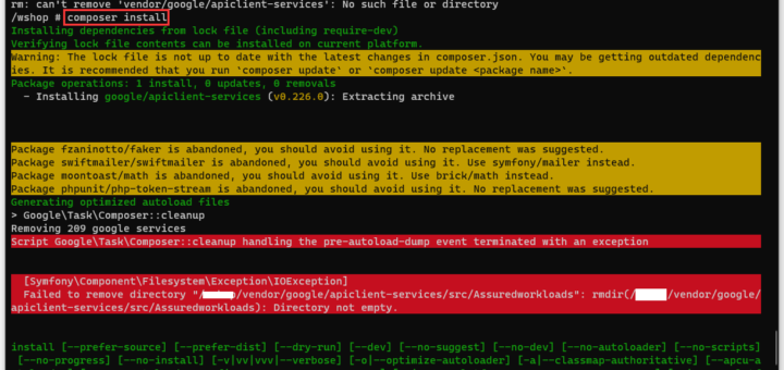 执行命令：composer install 时，报错：Script Google\Task\Composer::cleanup handling the pre-autoload-dump event terminated with an exception。
