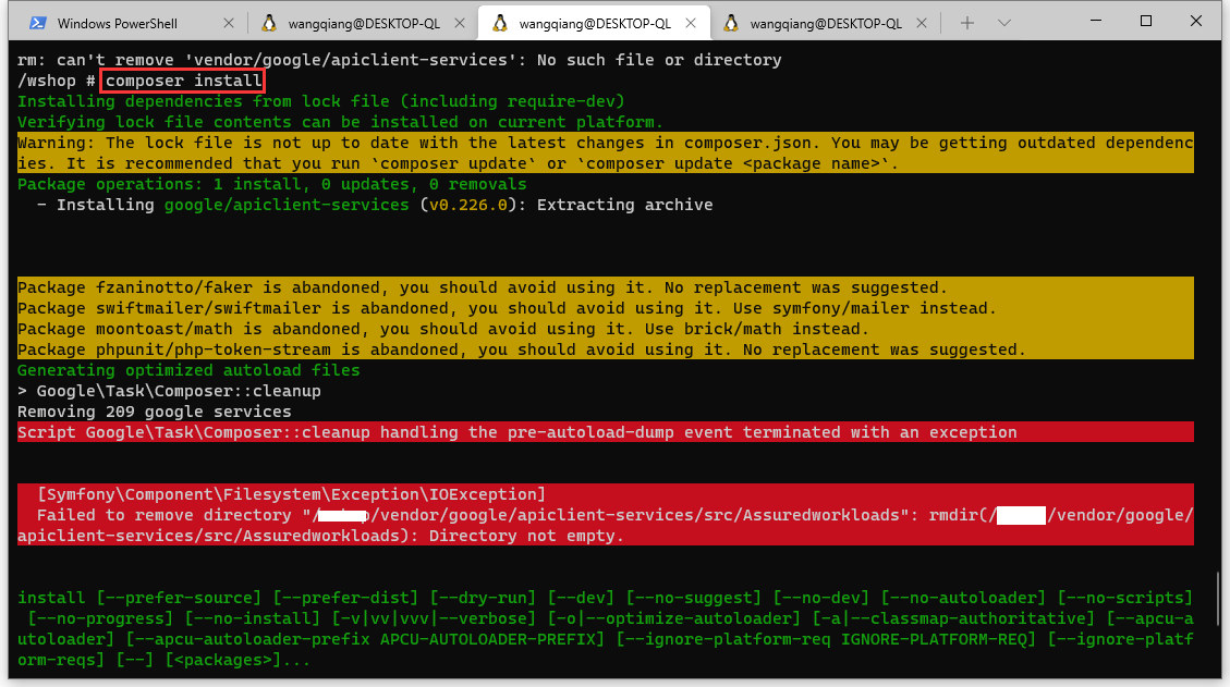 执行命令：composer install 时，报错：Script Google\Task\Composer::cleanup handling the pre-autoload-dump event terminated with an exception。