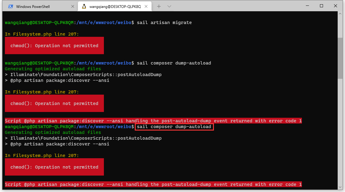 运行以下命令进行重新加载文件：sail composer dump-autoload，报错：In Filesystem.php line 207:  chmod(): Operation not permitted。Script @php artisan package:discover --ansi handling the post-autoload-dump event returned with error code 1。