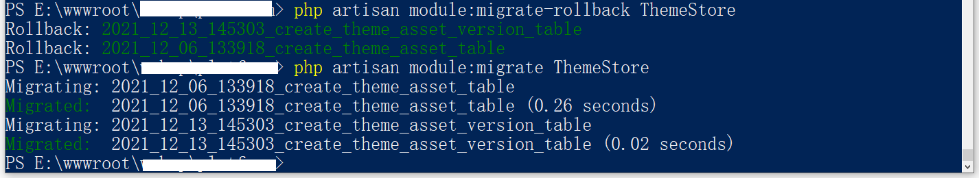 模块的实现基于：nwidart/laravel-modules，执行 module:migrate-rollback 命令。执行成功