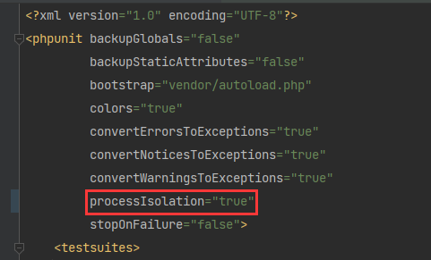 编辑文件 /phpunit.xml，设置 processIsolation="true"