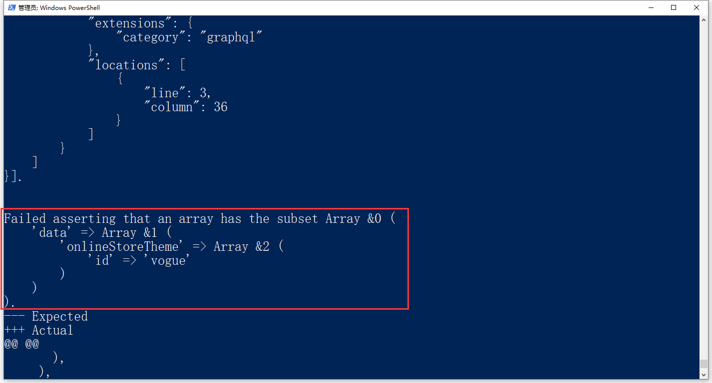 执行命令：./vendor/bin/phpunit .\Modules\ThemeStore\Tests\Functional\GraphQl\OnlineStoreThemeGraphQlApiTest.php 。报错：Failed asserting that an array has the subset Array