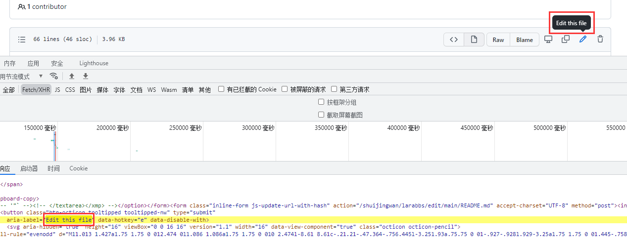 查看 GitHub 上的获取文件的 页面的网络请求 ，查看 README.md，请求网址: https://github.com/shuijingwan/larabbs/blob/main/README.md ，其响应为 HTML 结构，但是其允许操作：编辑文件、删除文件