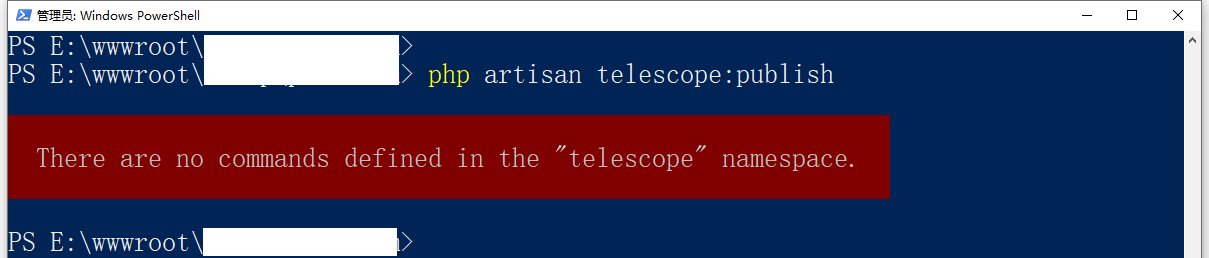 在 Laravel 6 中，执行命令：php artisan telescope:publish，报错：There are no commands defined in the "telescope" namespace.