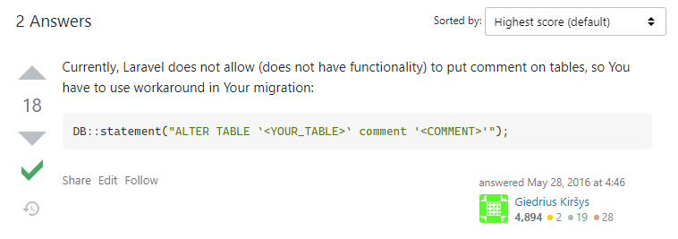 参考：https://stackoverflow.com/questions/37493431/how-to-add-comment-to-table-not-column-in-laravel-5-migration 。How to add comment to table (not column) in Laravel 5 migration? 