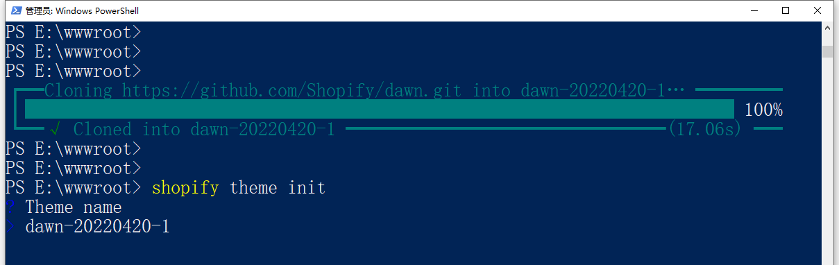 在终端中，导航到要克隆 Dawn 的工作目录。输入以下命令。确认 Shopify CLI 已经安装无误