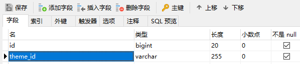 现在表 theme_asset 的字段 theme_id，其类型为 varchar(255)。之前的迁移代码如下