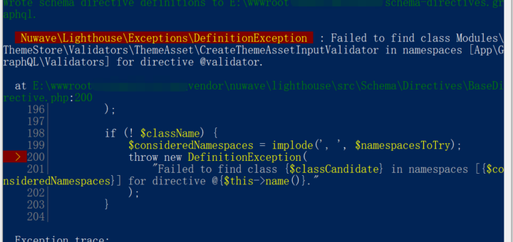 在 Lighthouse 5 中，报错：Failed to find class Modules\\ThemeStore\\Validators\\ThemeAsset\\CreateThemeAssetInputValidator in namespaces [App\\GraphQL\\Validators] for directive @validator.