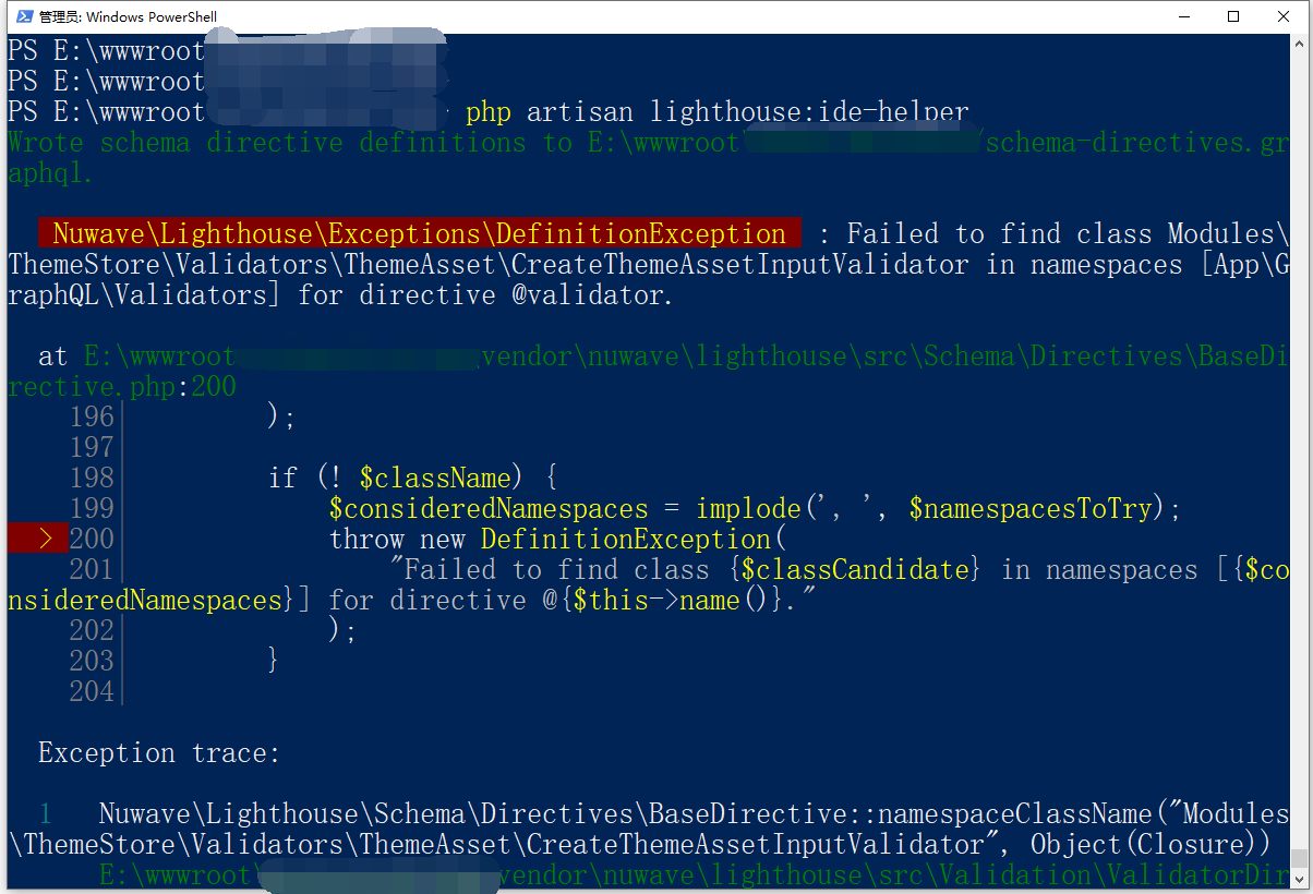在 Lighthouse 5 中，报错：Failed to find class Modules\\ThemeStore\\Validators\\ThemeAsset\\CreateThemeAssetInputValidator in namespaces [App\\GraphQL\\Validators] for directive @validator.