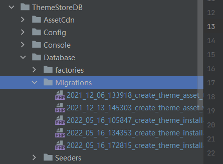 现阶段存在基于 LARAVEL MODULES 开发的模块，其中存在迁移文件，例：/Modules/ThemeStoreDB/Database/Migrations