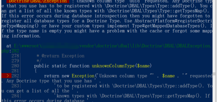 报错：Doctrine\DBAL\Exception : Unknown column type "uuid" requested.