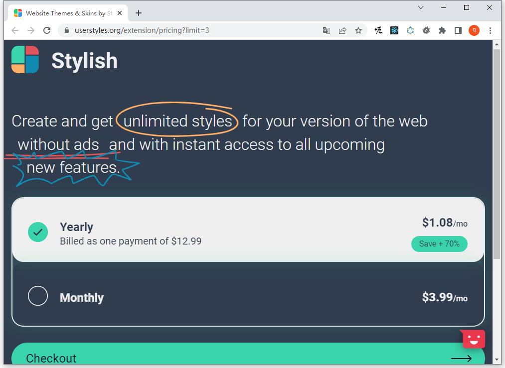 Stylish 需要收费，仅允许添加3个自定义样式。当添加第4个样式保存时，自动跳转至其官网，添加失败