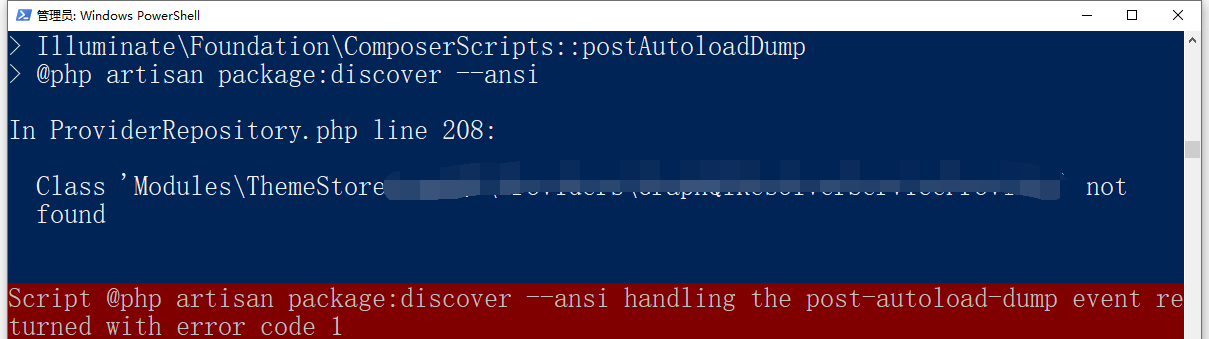 执行：composer install 命令，以重新生成 vendor\composer\ClassLoader.php。报错：In ProviderRepository.php line 208: Class 'Modules\ThemeStoreGraphQL\Providers\GraphQlResolverServiceProvider' not found Script @php artisan package:discover --ansi handling the post-autoload-dump event returned with error code 1