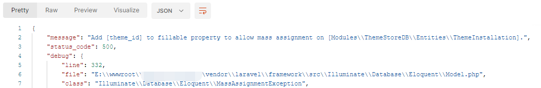 执行时报错：Add [theme_id] to fillable property to allow mass assignment on [Modules\\ThemeStoreDB\\Entities\\ThemeInstallation].
