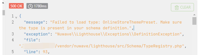 仅在 Linux 中报错：Failed to load type: OnlineStoreThemePreset. Make sure the type is present in your schema definition.。在本地 Windows 10 环境中是可用的