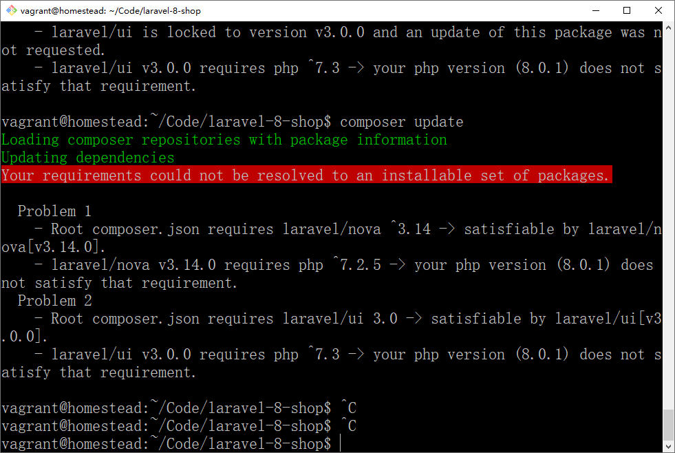 在 Homestead 中执行 composer update 报错：Your requirements could not be resolved to an installable set of packages.。原因在于 PHP 版本为 8.0 ，而软件包的版本依赖于 7