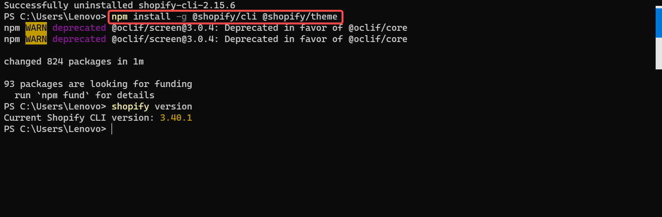第 3 步：安装 Shopify CLI 3.x。Shopify CLI 作为一组 Node.js 包进行管理，包含： @shopify/cli 、 @shopify/theme 。可在 Windows 上全局安装这些包。不再支持 apt、Yum 和 RubyGems 安装。要为主题安装 Shopify CLI，请使用命令行全局安装 @shopify/cli 和 @shopify/theme Node.js 程序包