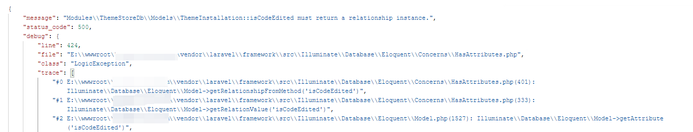 在 Laravel 6 中，ThemeInstallation::isCodeEdited must return a relationship instance.