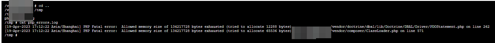 当响应 500 后，查看文件 /tmp/php_errors.log。PHP Fatal error:  Allowed memory size of 134217728 bytes exhausted 。内容如下