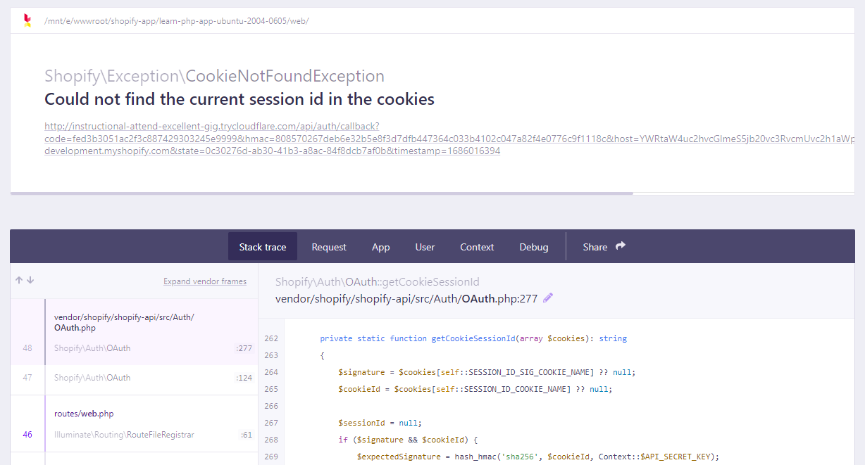 安装应用时报错：Shopify\Exception\CookieNotFoundException Could not find the current session id in the cookies