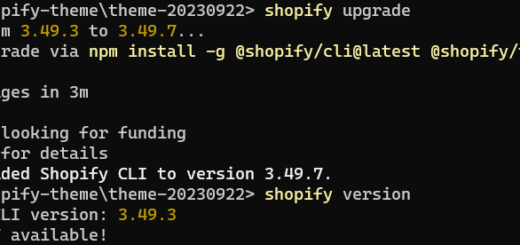 执行：shopify upgrade 成功（提示：Success! Upgraded Shopify CLI to version 3.49.7.）后，查看版本信息，仍然提示：Version 3.49.7 available!