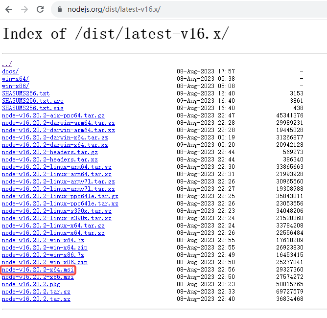 ^16.14.0相当于>=16.14.0,<16.15，决定重新安装 Node.js 的 16 的最新版本。打开网址：https://nodejs.org/dist/latest-v16.x/ 计划下载 node-v16.20.2-x64.msi 。但是，发现其不符合版本依赖的要求