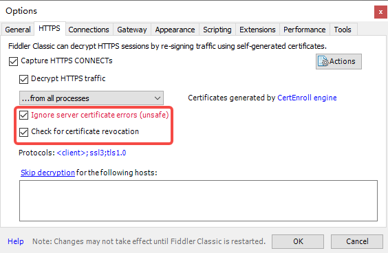 最后勾选 Ignore server certificate errors(unsafe)、check for certificate revocation
