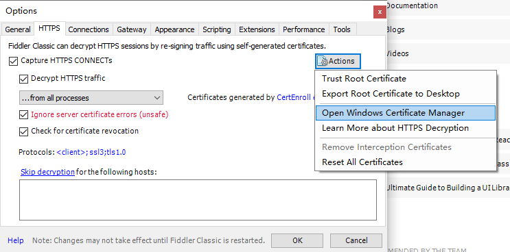 从 Actions 中选择 Open Windows Certificate Manager 这一个选项, 打开Windows证书管理器去查看是否已经安装成功