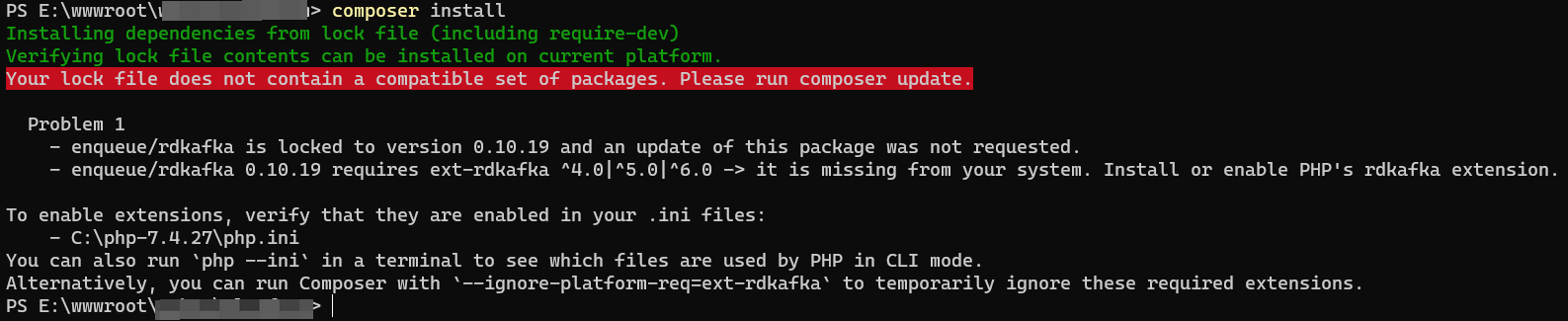 执行：composer install 时，提示：enqueue/rdkafka 0.10.19 requires ext-rdkafka -> it is missing from your system. Install or enable PHP's rdkafka extension.