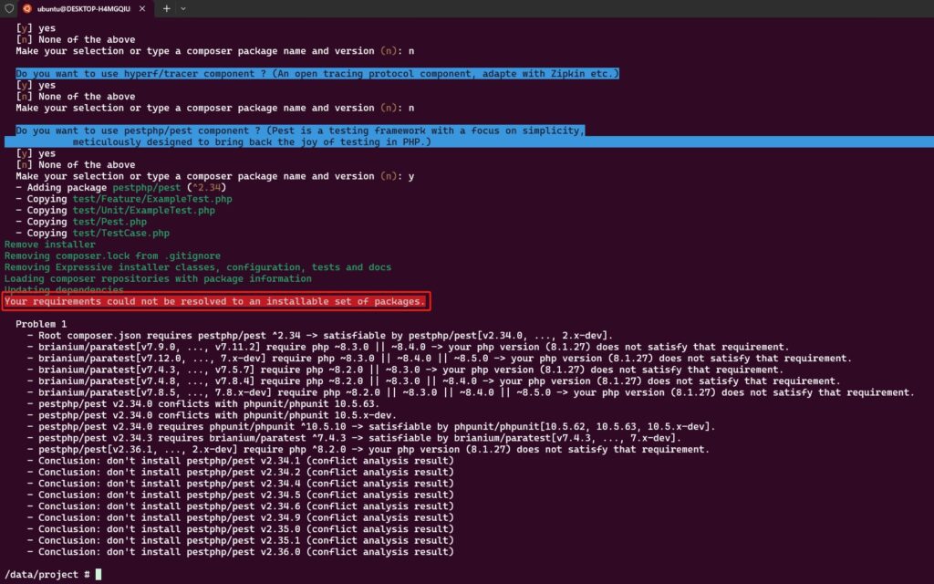 在容器内创建项目 ，创建项目失败，报错：Your requirements could not be resolved to an installable set of packages.