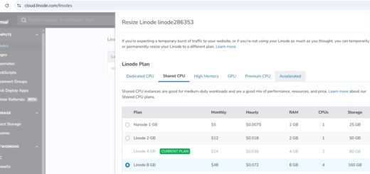 发现当前 Linode 4 GB，存储是 80GB。可以调整为 Linode 8 GB ，存储是 160 GB