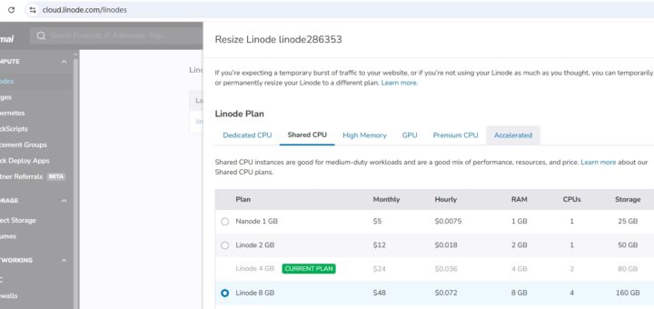 发现当前 Linode 4 GB，存储是 80GB。可以调整为 Linode 8 GB ，存储是 160 GB