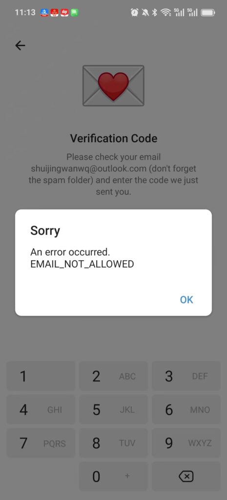输入邮箱验证码后,提示:An error occurred.EMAIL NOT _ALLOWED。