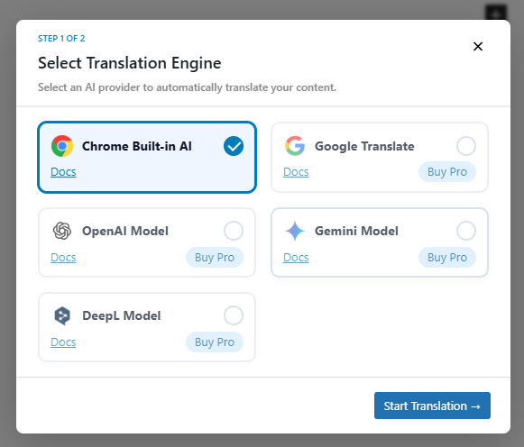 如图10对应场景:英文文章编辑页,点击“Translate Now”按钮,弹出翻译选项,选择 Chrome Built-in AI(无需安装额外插件,Chrome浏览器自带,翻译准确率高,适合技术文章)。