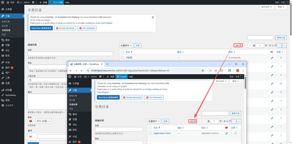 配图说明（如图10）：中文、英文分类管理页面截图（分屏对比），标注两个页面的分类总数，演示数量一致/不一致的场景。