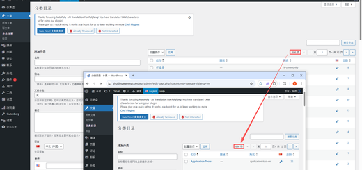 配图说明（如图10）：中文、英文分类管理页面截图（分屏对比），标注两个页面的分类总数，演示数量一致/不一致的场景。