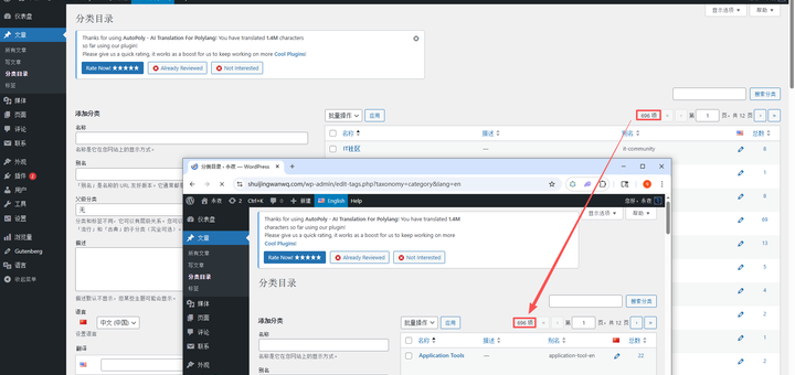 配图说明（如图10）：中文、英文分类管理页面截图（分屏对比），标注两个页面的分类总数，演示数量一致/不一致的场景。