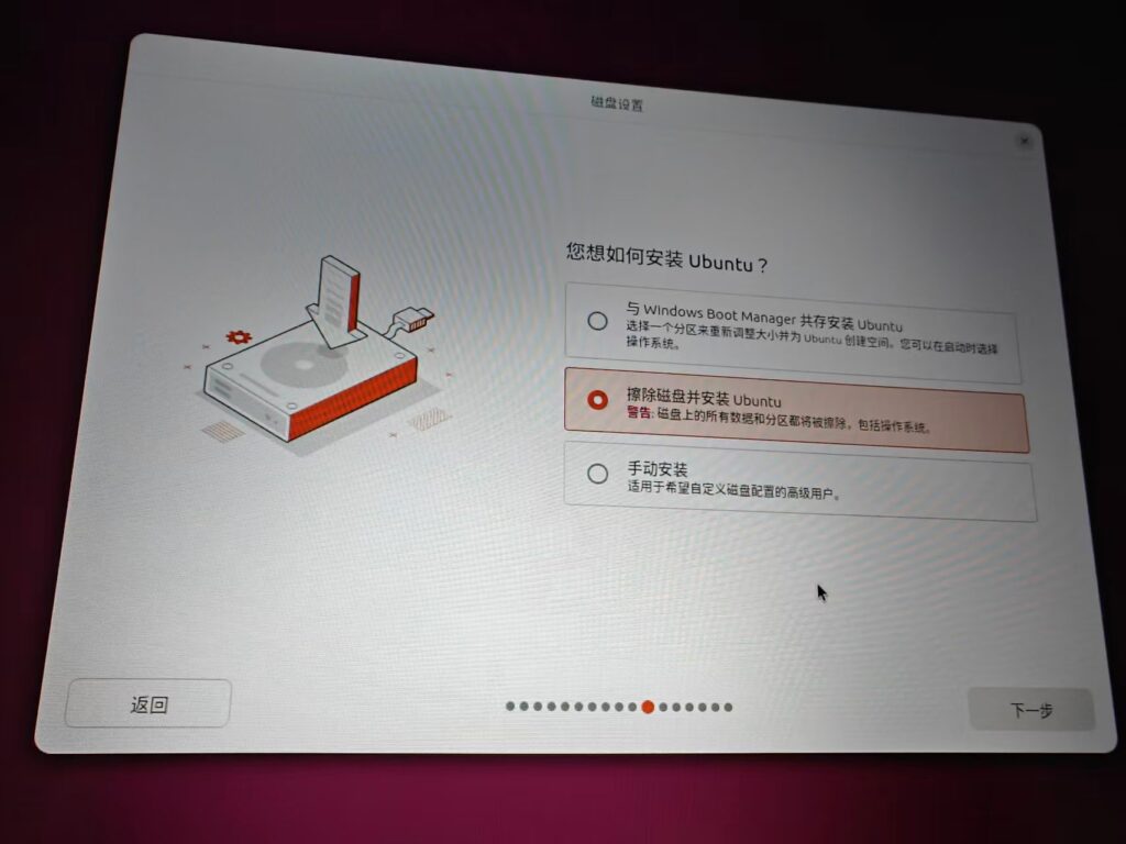 如图12 – 磁盘设置界面,高亮擦除磁盘并安装 Ubuntu