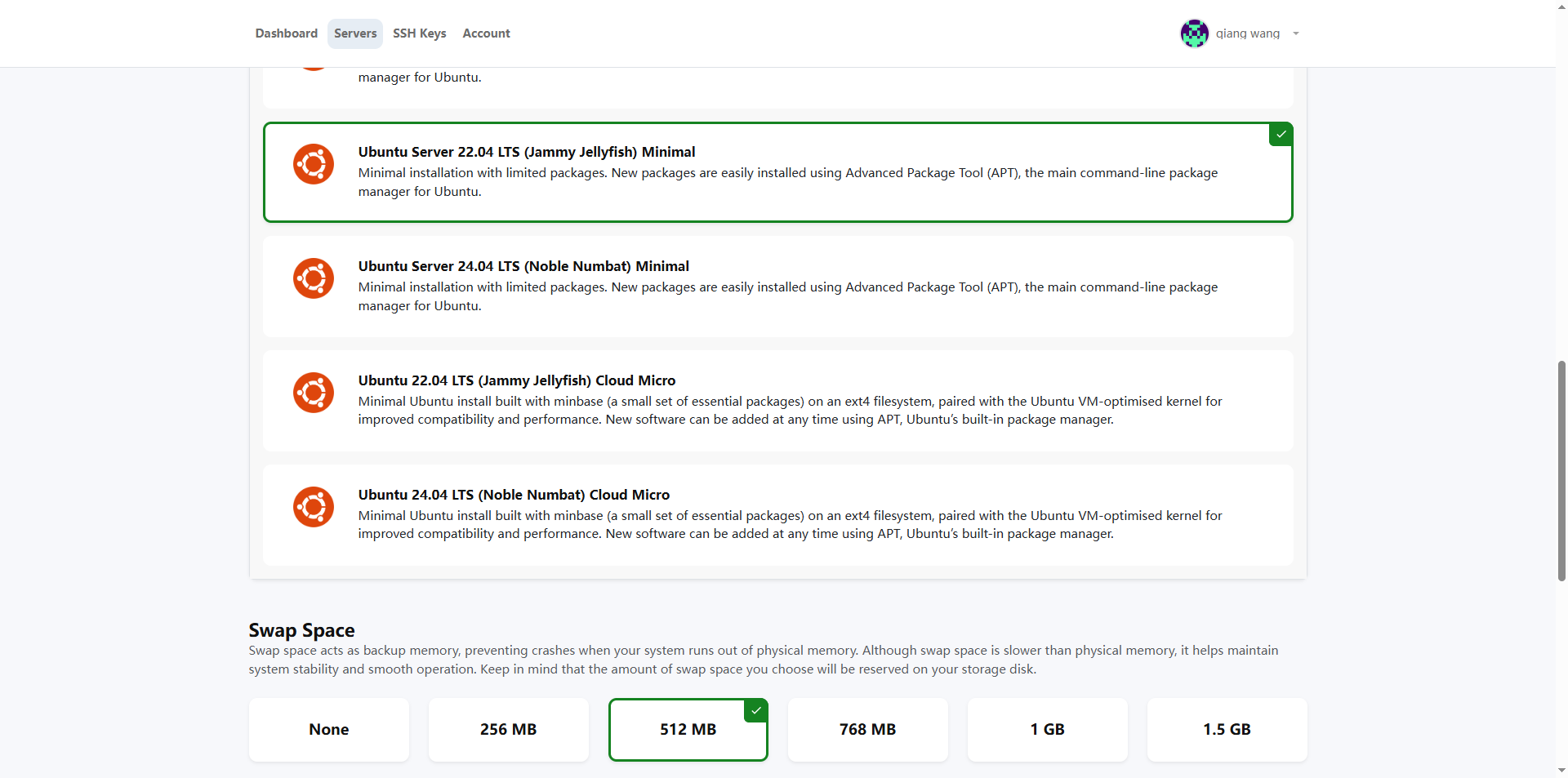 Go to the Server Setup... page, hostname (wireguard 2026 0509), timezone keeps the default "(UTC-08:00) americica/los_angeles", the focus is on operating system, be sure to choose "Ubuntu 22.04 x64" Compatibility issues with WireGuard deployment, no additional learning of new system operations.) as shown in Figure 12
