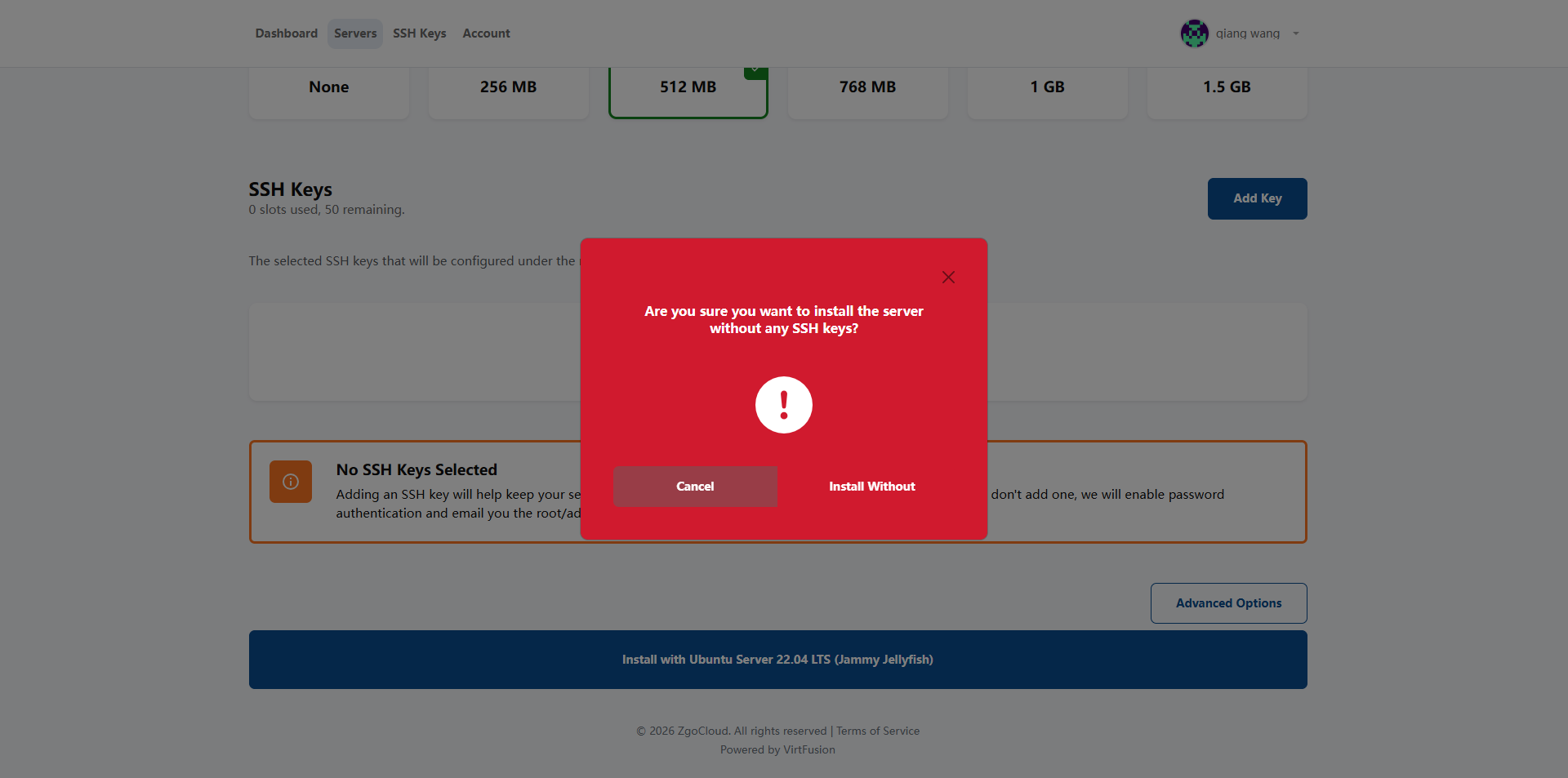Click Install with Ubuntu Server 22.04 LTS (Jammy Jellyfish), the dialog box will pop up Are you sure you want to install the server Without any ssh keys? Click Install without. as shown in Figure 13
