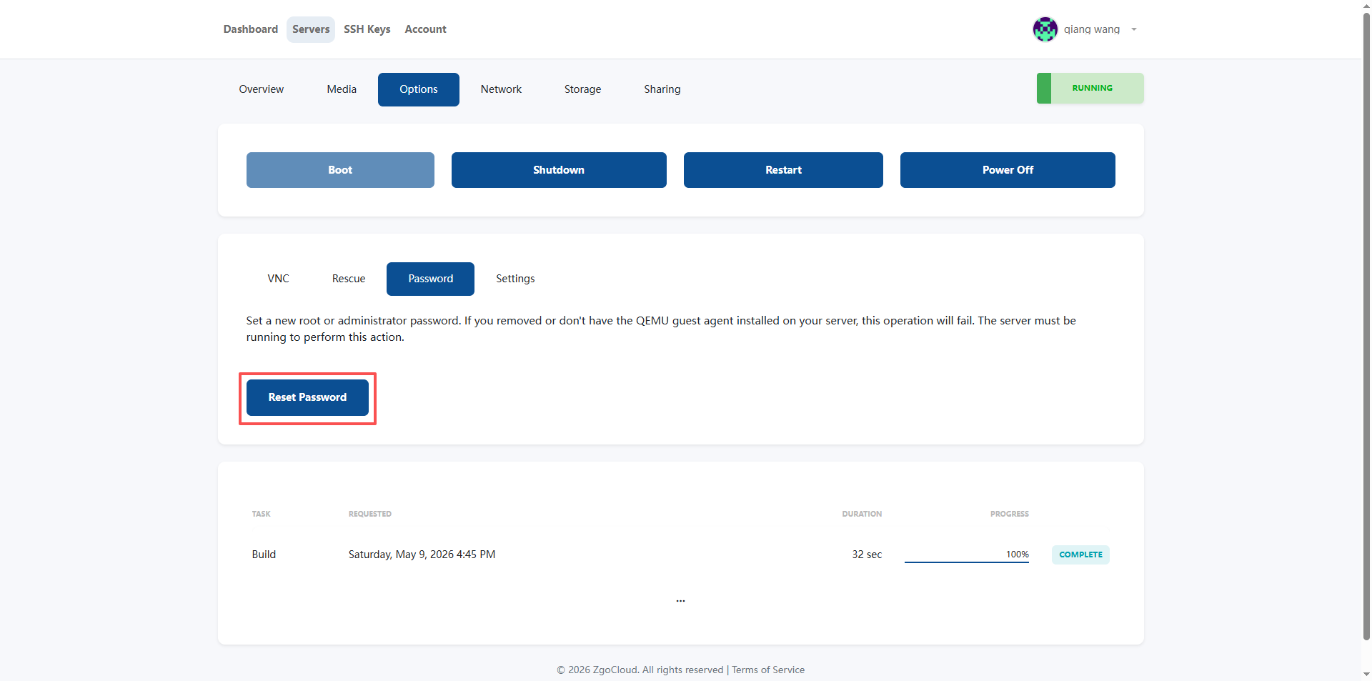 Password: After the deployment is successful, you will receive an email (Your server is ready!, which contains a password). If not received, Options - Password - Reset Password, reset the server login password (new password will be received in the mail) (as shown in Figure 15)
