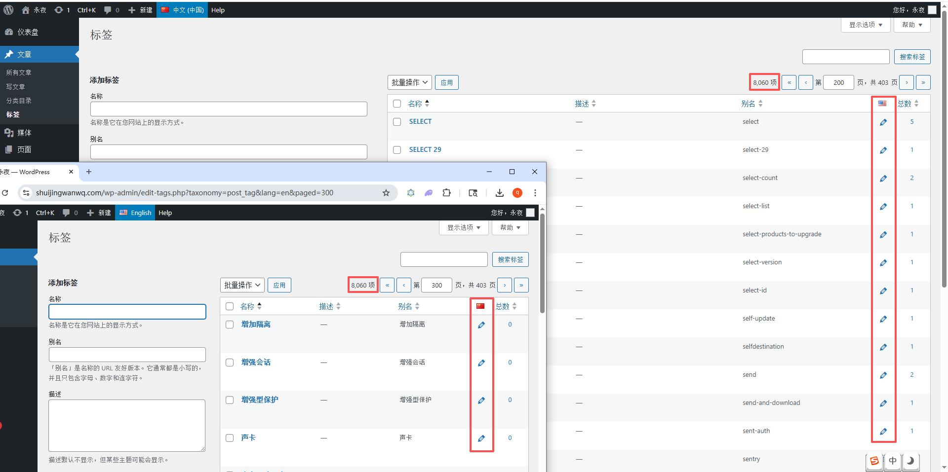Finally, check the statistics of the tags under the Chinese and English backgrounds respectively, which is in line with expectations. as shown in Figure 17