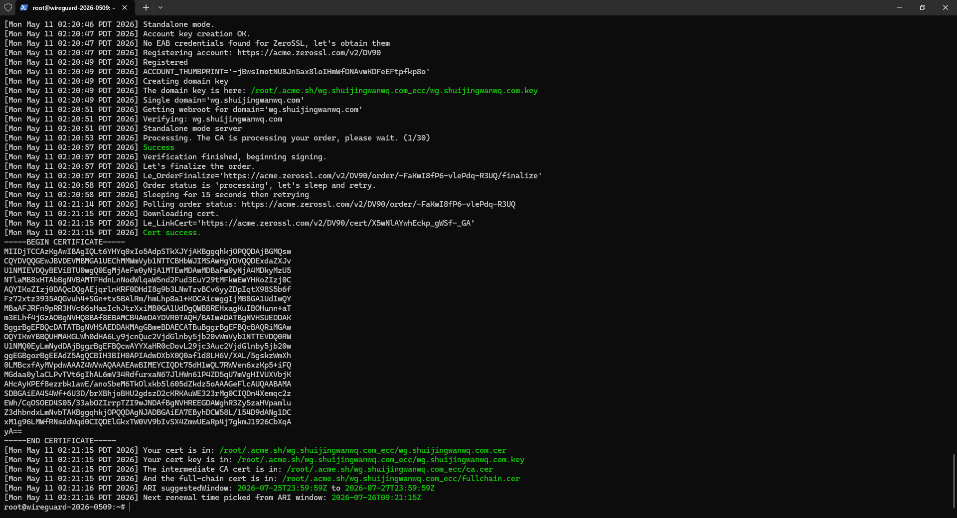 This command will automatically apply for the certificate for you. When it runs, the certificate will be generated. The default exists in /root/.acme.sh/ your domain name/below (as shown in Figure 17)