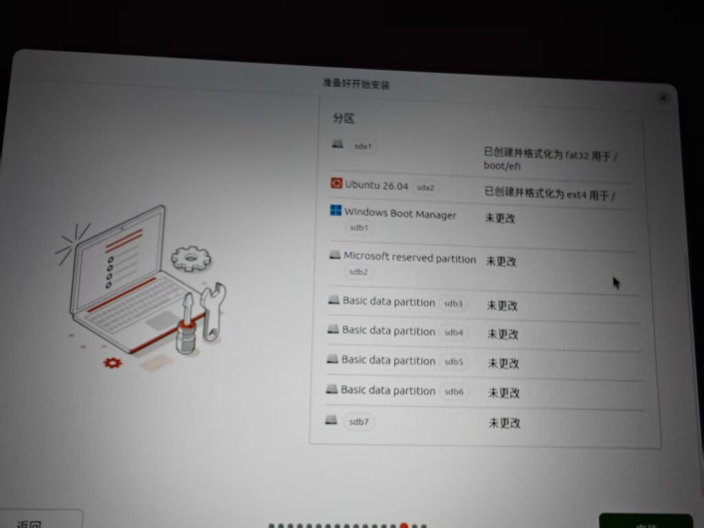 如图18 – 准备好开始安装,下半部分分区详情