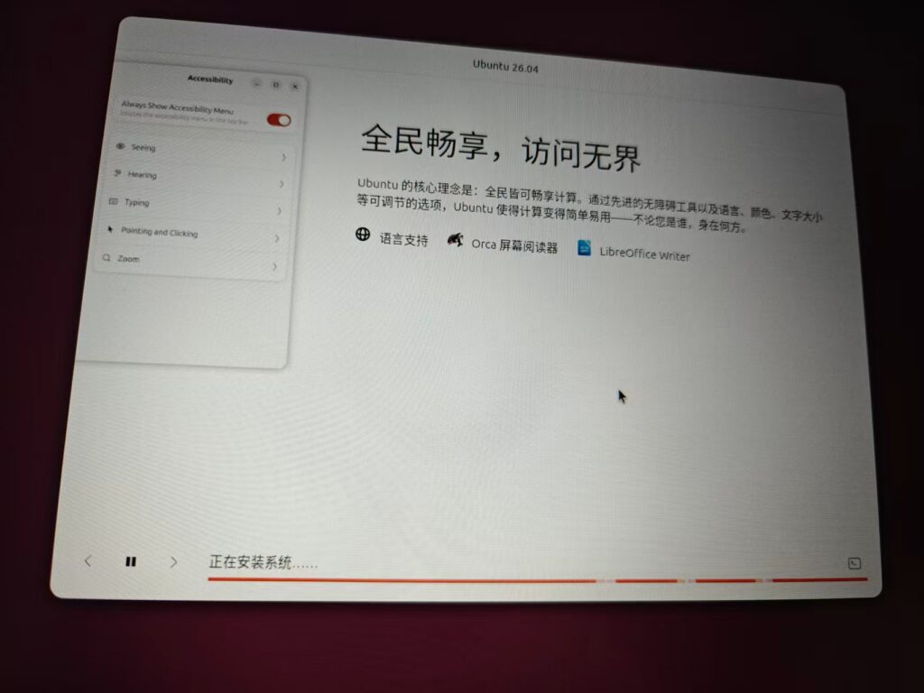 如图19 – 正在安装系统,显示进度条和无障碍功能提示