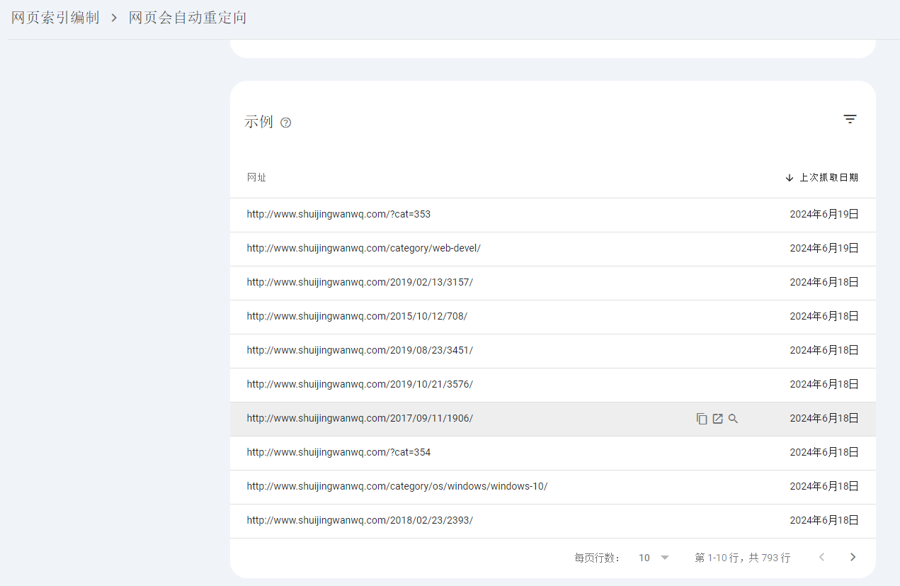 点击 网页会自动重定向,此类网页未编入索引或不会显示在 Google 搜索结果中。点击某个示例网址的检查网址。如图3