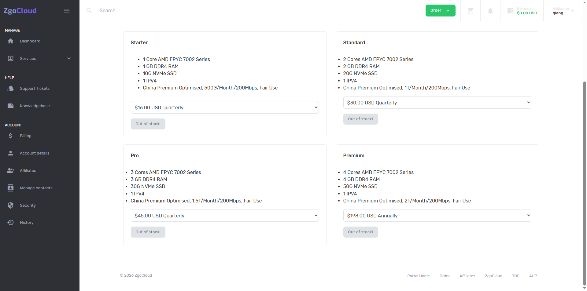 However, when I refresh the page after 2 hours, I find that all current packages (starter, standard, pro, premium) show out of stock (out of stock) (Figure 5)
