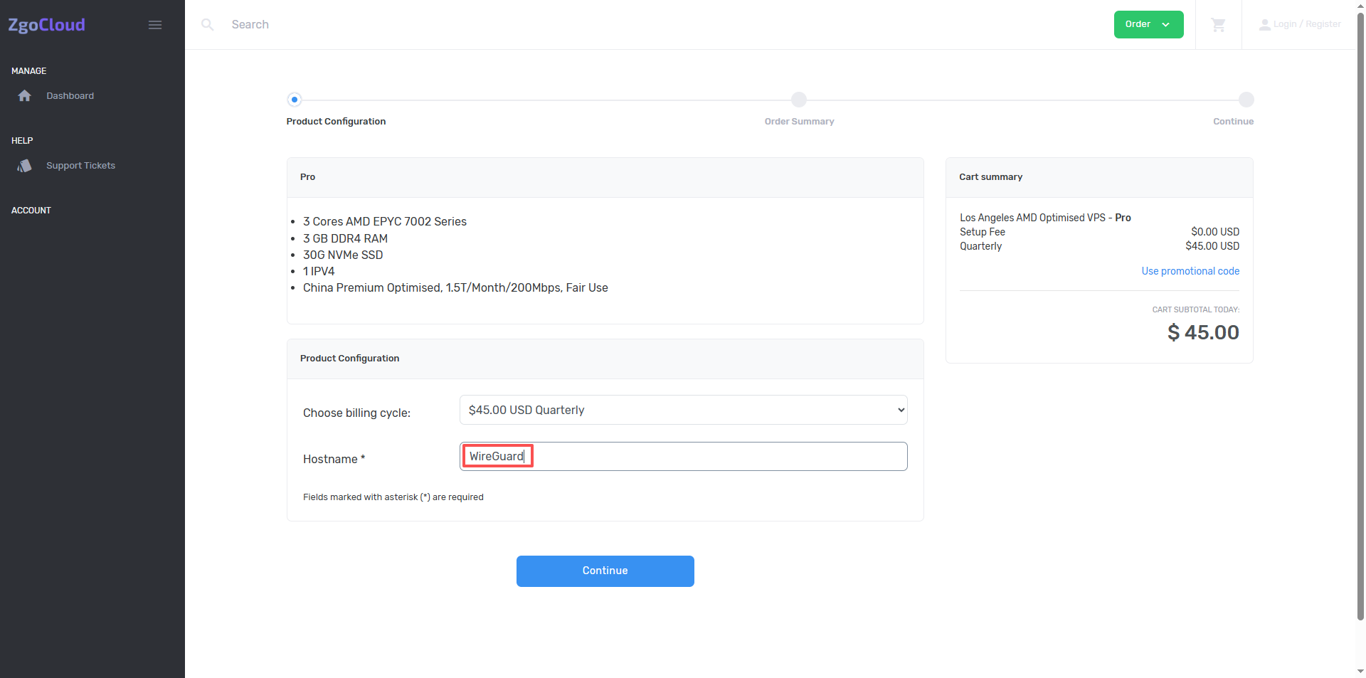 To enter the required fields filling page (the core needs to be filled in Hostname), (required items, mark*, naming specifications and recommended names are as follows, simple and easy to remember and comply with the regulations, and do not affect subsequent deployment and use), name it Wireguard, click Continue (as shown in Figure 7)