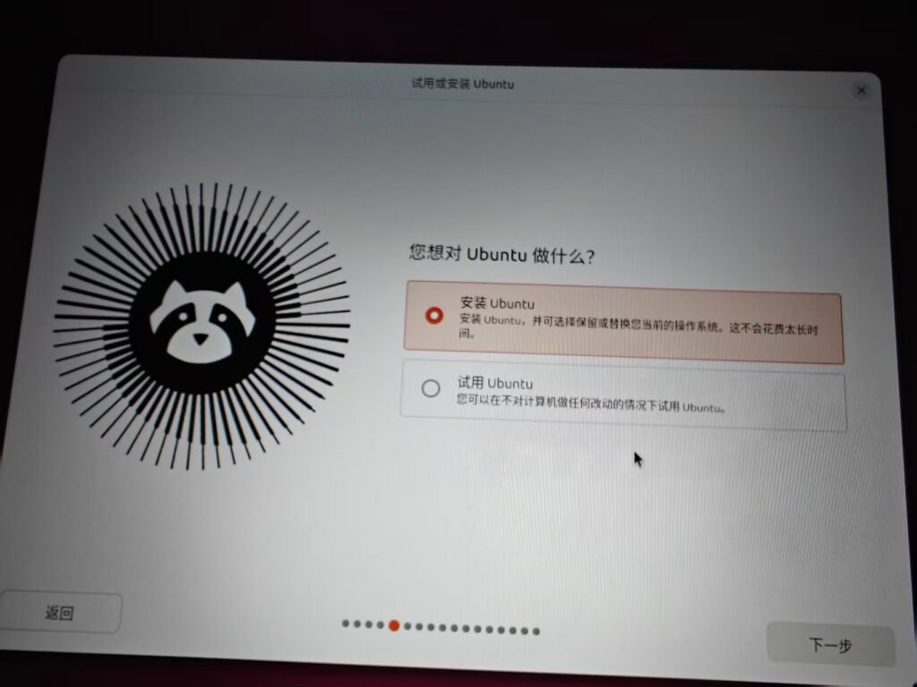 如图8 – 试用或安装界面,高亮安装 Ubuntu