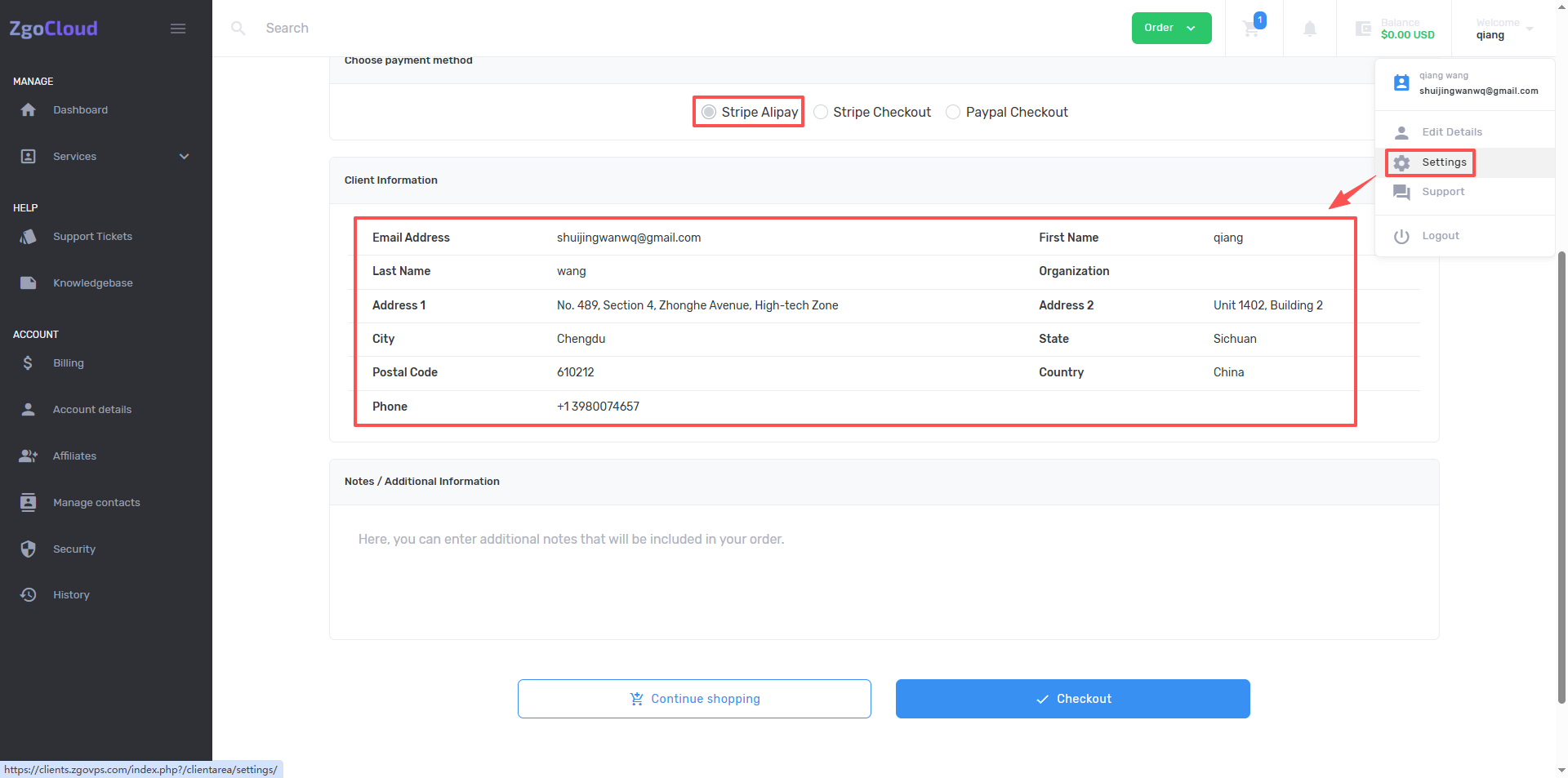 To enter the shopping cart page, Choose Payment Method selects Stripe Alipay by default, and you need to fill in the customer information (you can edit it in the account details of the account), click Checkout. (as shown in Figure 8)